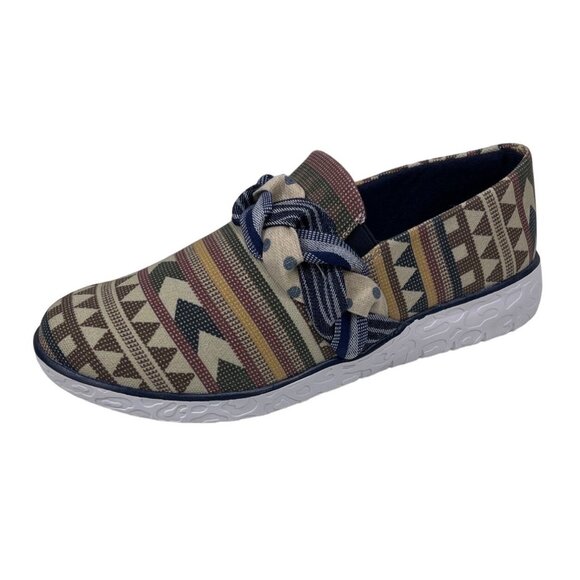 Muk Luks Beige Geometric Boardwalk Stroll Slip-On Sneaker Loafer Size 8.5 Aztec - Picture 1 of 10